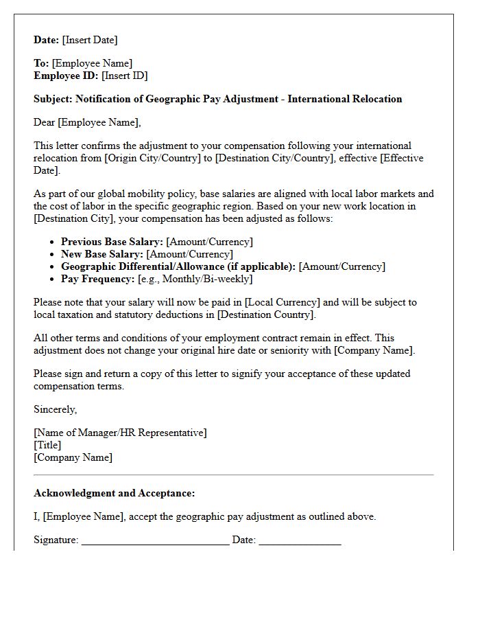 International Relocation Geographic Pay Adjustment Letter