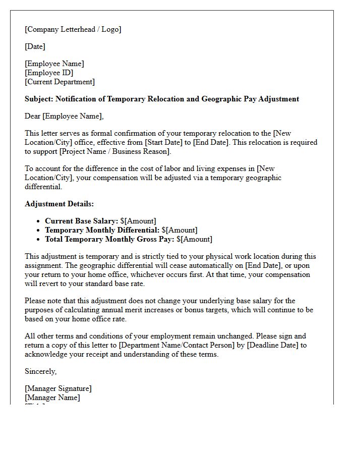 Temporary Relocation Geographic Pay Adjustment Letter