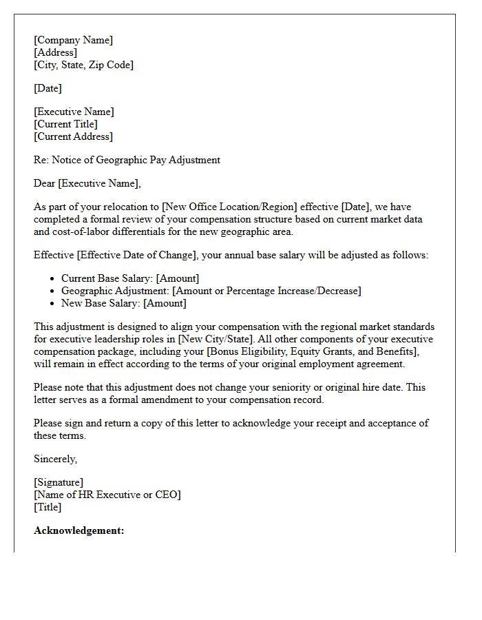 Executive Relocation Geographic Pay Adjustment Letter