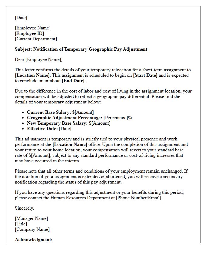 Short-Term Assignment Relocation Geographic Pay Adjustment Letter