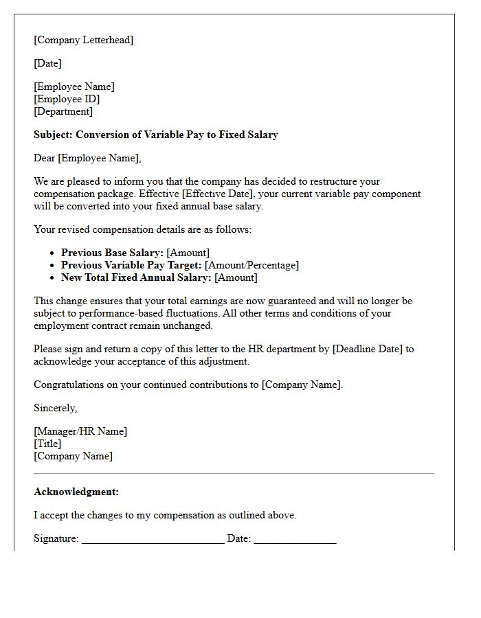 Variable Pay to Fixed Salary Conversion Letter