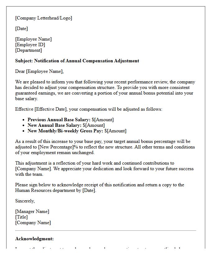 Annual Bonus to Base Pay Adjustment Letter
