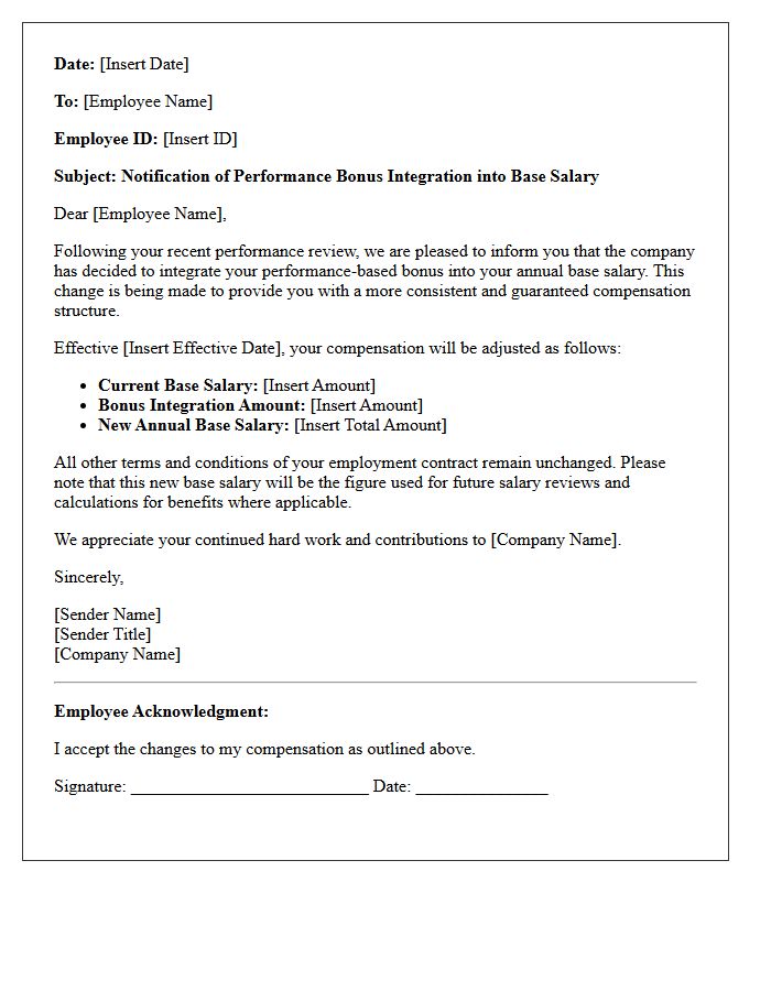 Performance Bonus to Base Salary Integration Letter
