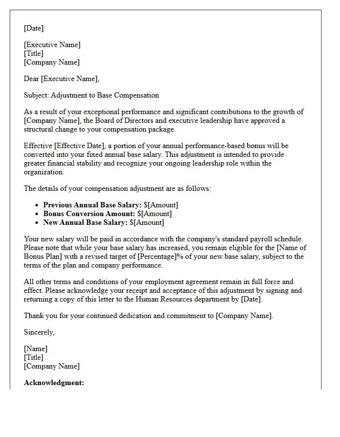 Executive Bonus to Base Compensation Letter