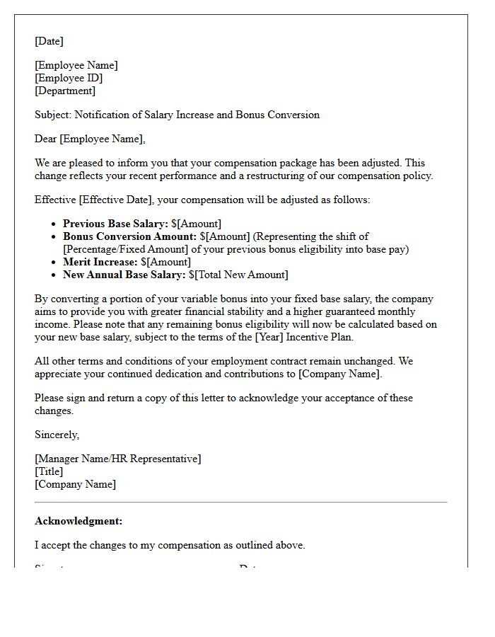 Base Salary Increase and Bonus Conversion Letter