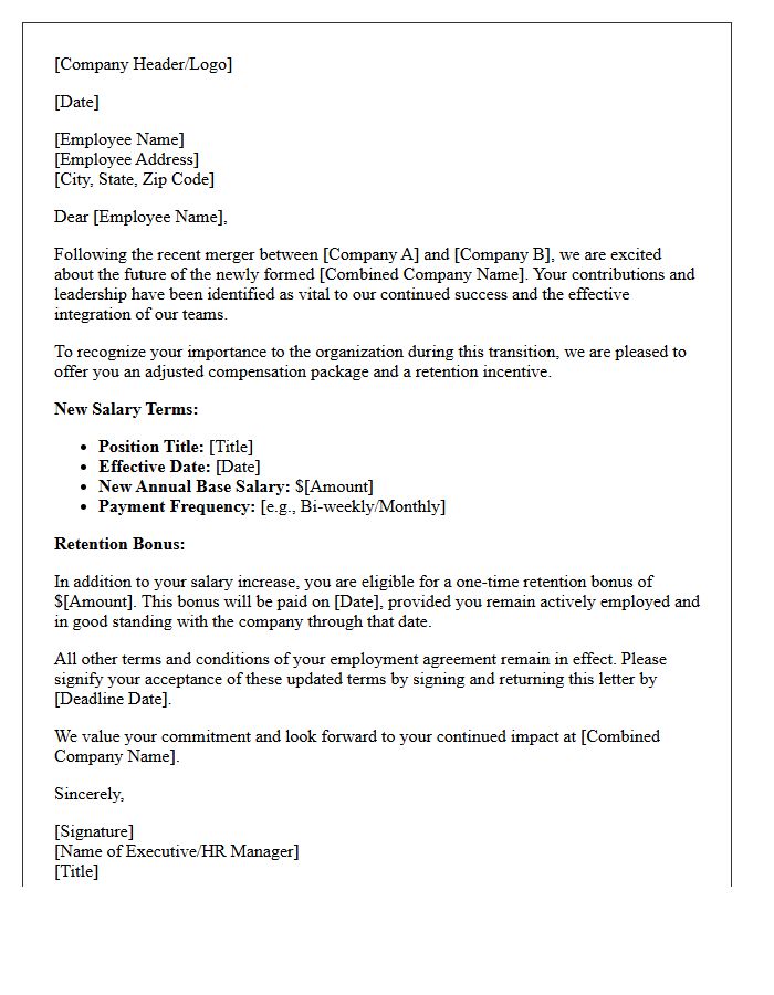 Post-Merger Key Employee Retention Salary Letter