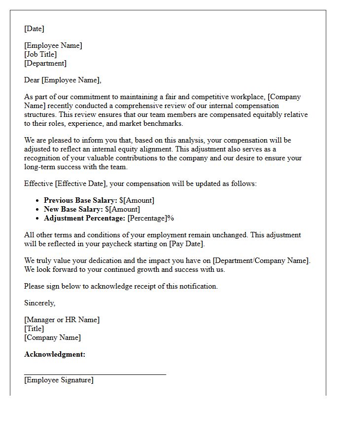 Internal Equity Adjustment and Retention Letter