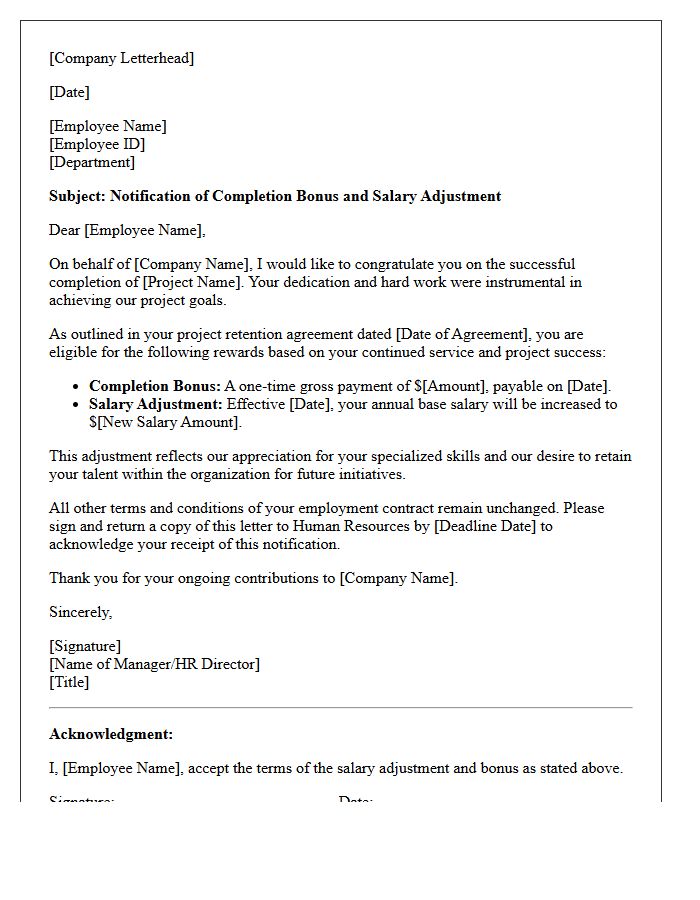 Special Project Completion Retention Salary Letter