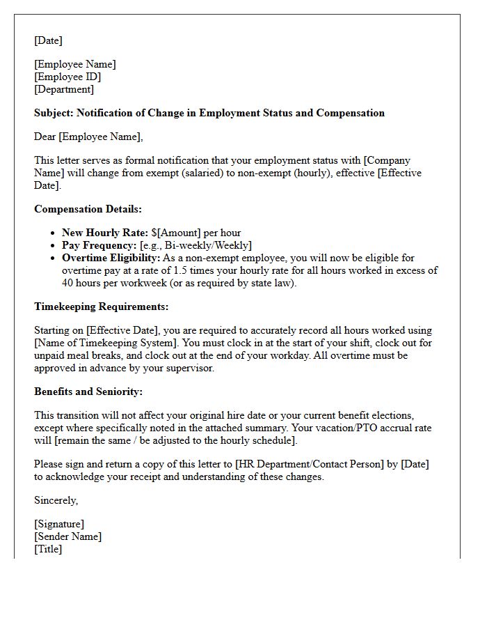 Salaried to Hourly Status Conversion Compensation Letter
