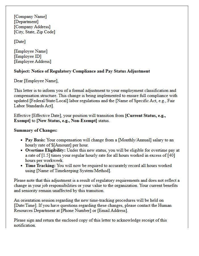 Regulatory Compliance and Pay Status Adjustment Letter