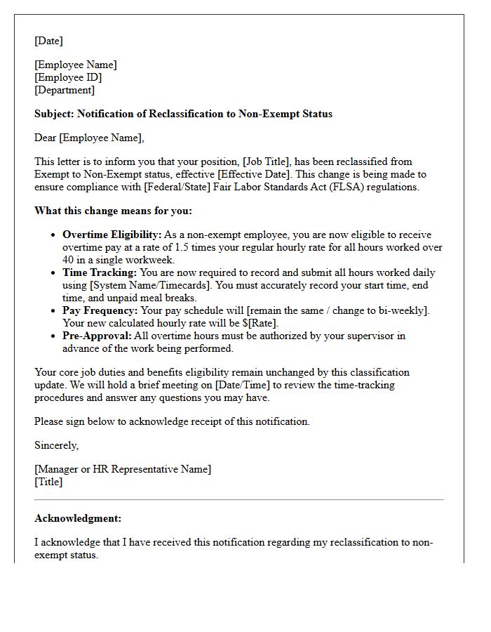 Human Resources Non-Exempt Reclassification Notification Letter