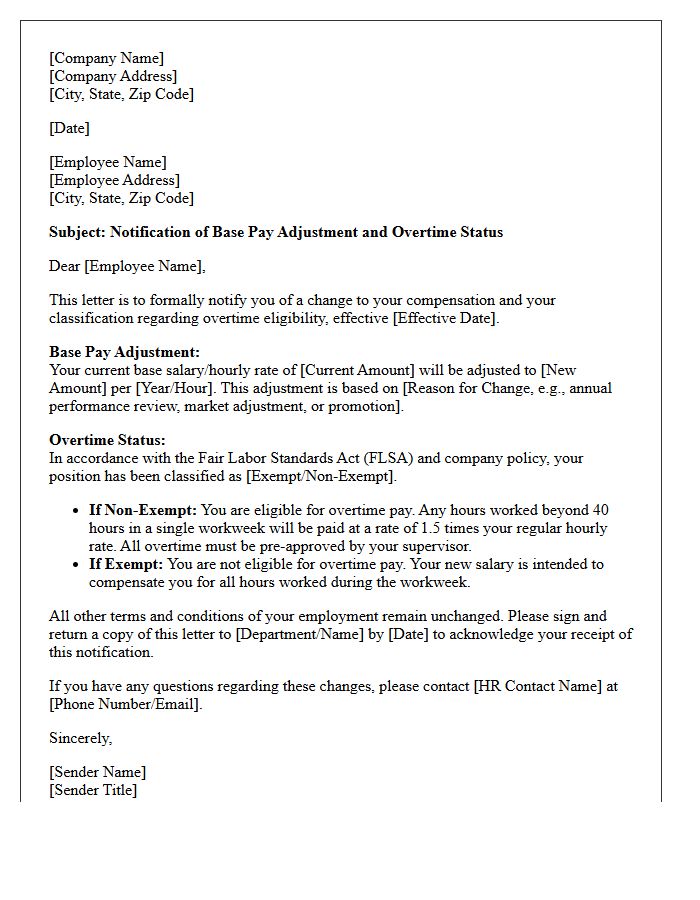 Base Pay Adjustment and Overtime Status Letter