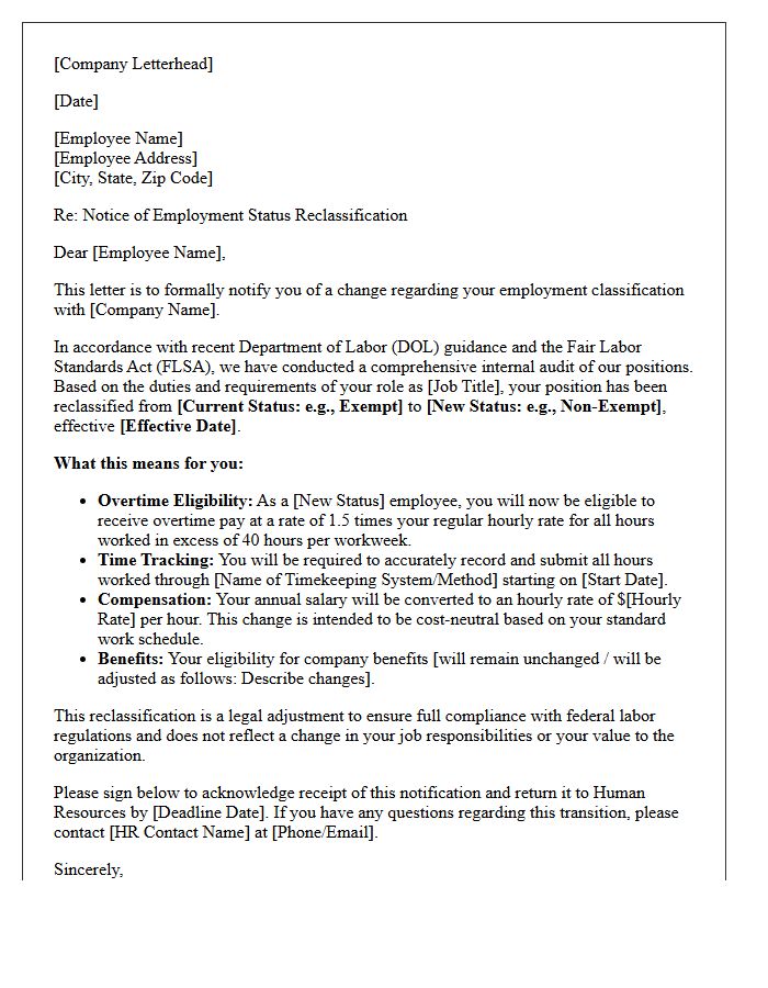 DOL Compliance and Status Reclassification Letter