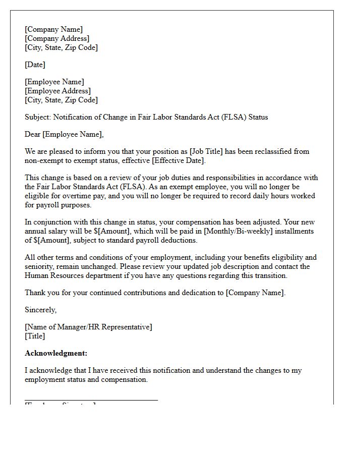 Non-Exempt to Exempt Status Salary Adjustment Letter