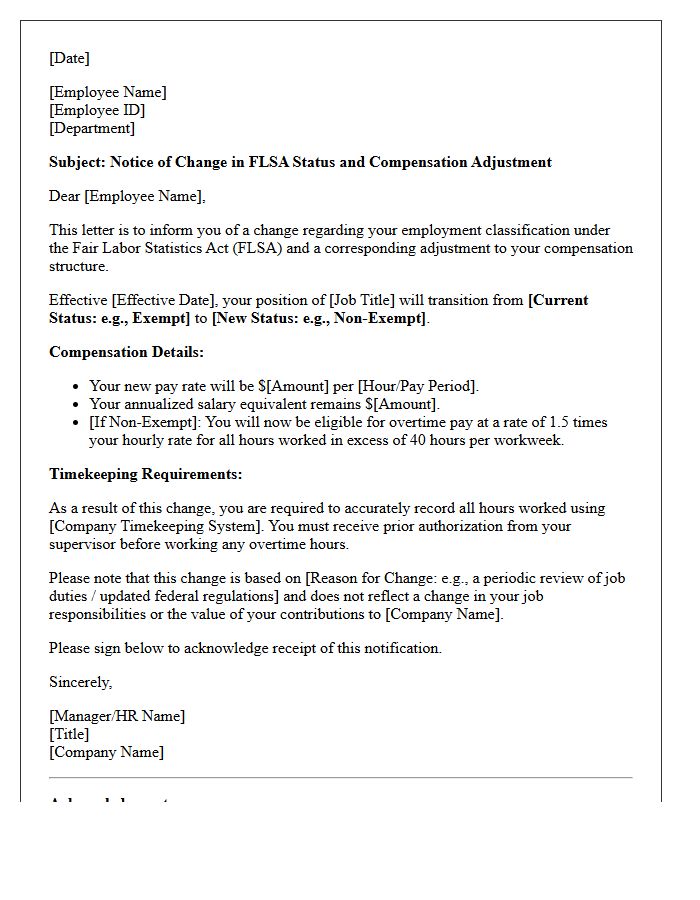 FLSA Status Change and Compensation Adjustment Letter