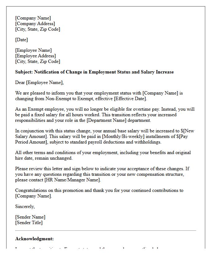 Transition to Exempt Status and Salary Increase Letter