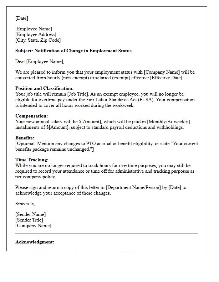 Hourly to Salaried Exempt Status Conversion Letter
