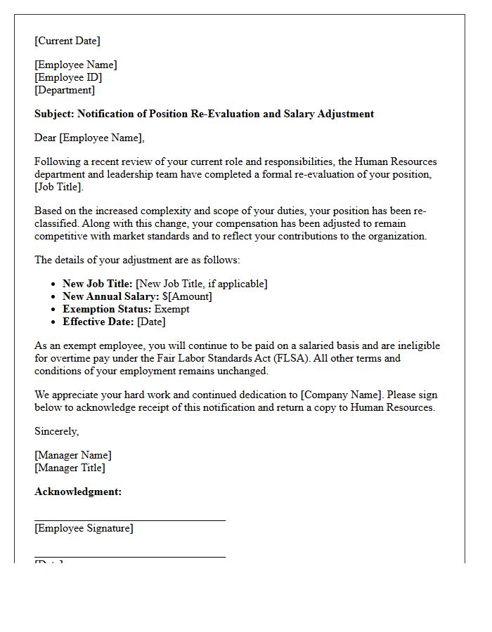 Position Re-Evaluation and Exempt Salary Adjustment Letter