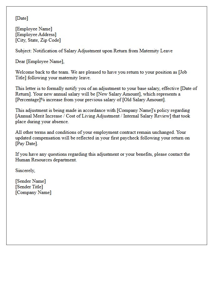 Maternity Leave Return Salary Adjustment Letter