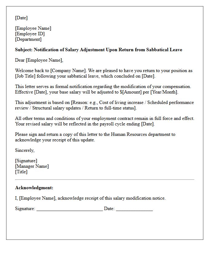 Sabbatical Leave Return Salary Modification Letter