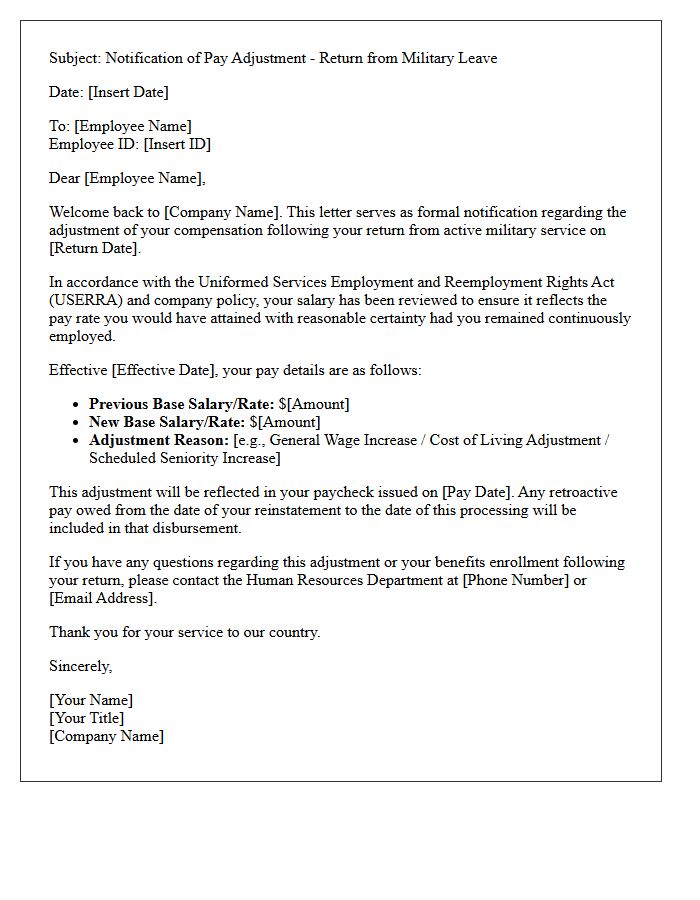Military Leave Return Pay Adjustment Letter