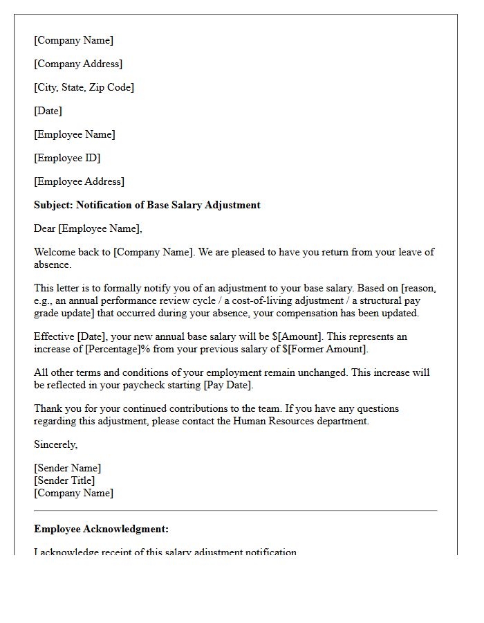 Post-Leave of Absence Base Salary Adjustment Letter