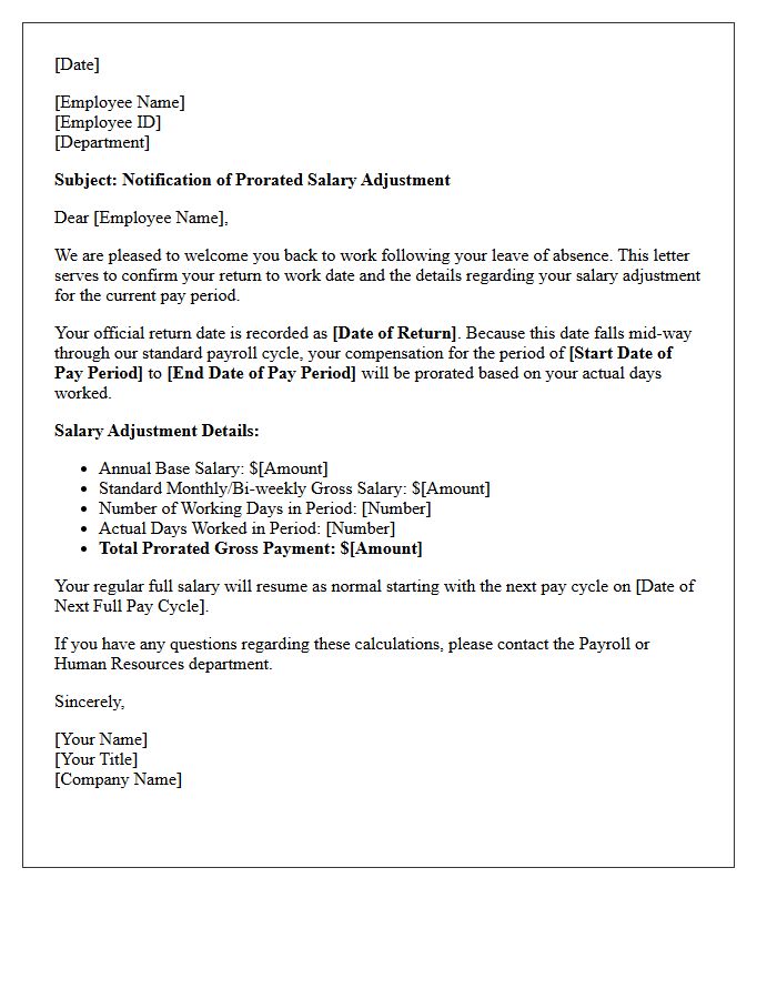 Return to Work Prorated Salary Adjustment Letter