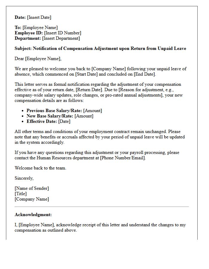 Unpaid Leave Return Compensation Adjustment Letter