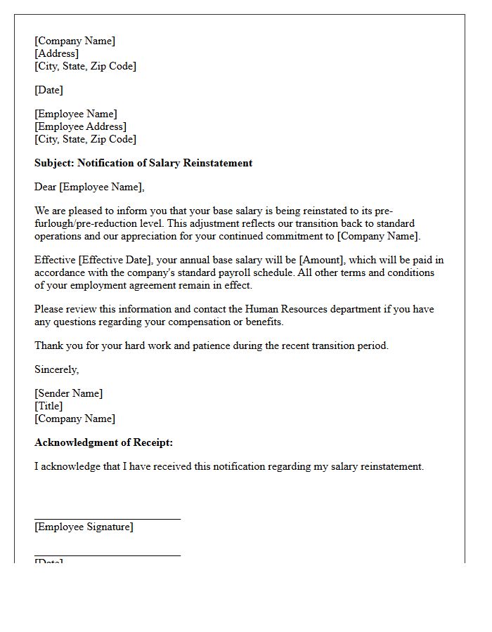 Standard Post-Furlough Reinstatement Salary Adjustment Letter