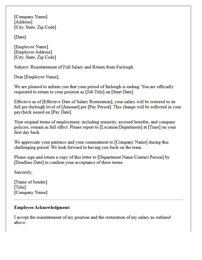 Post-Furlough Reinstatement Full Salary Restoration Letter