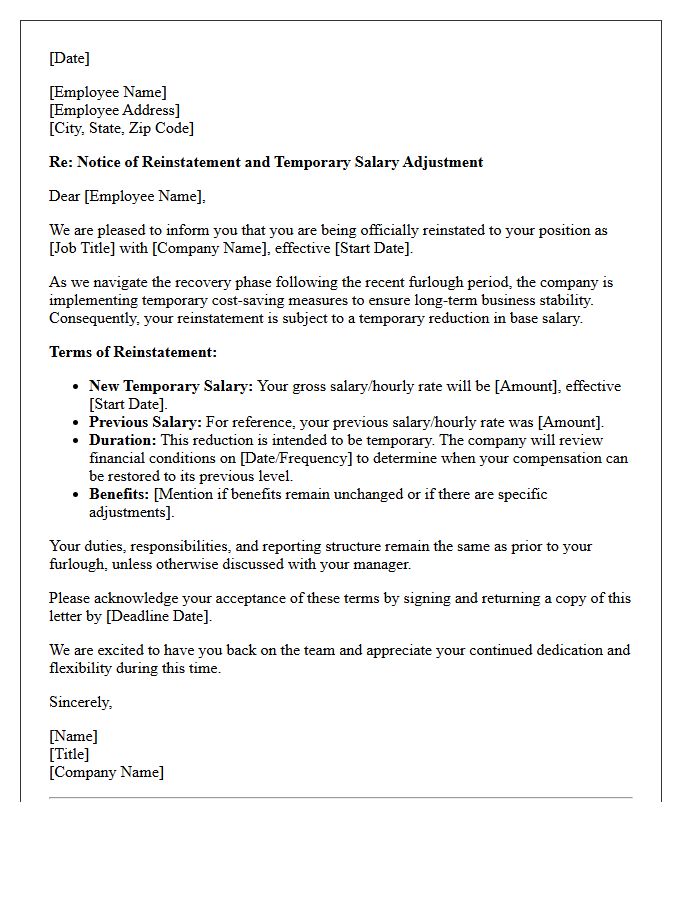 Post-Furlough Reinstatement Temporary Salary Reduction Letter