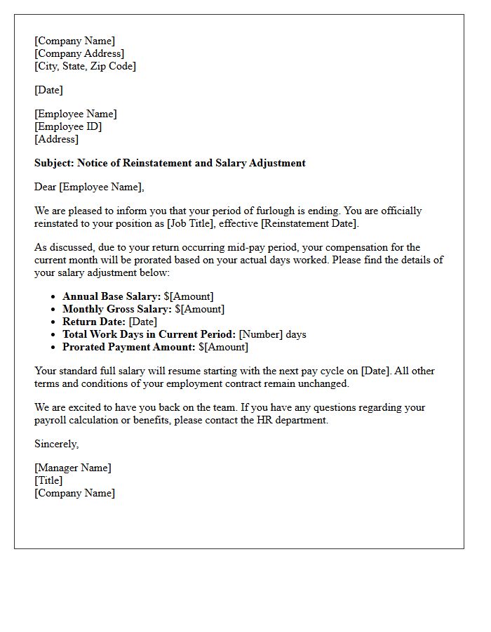 Post-Furlough Reinstatement Prorated Salary Adjustment Letter