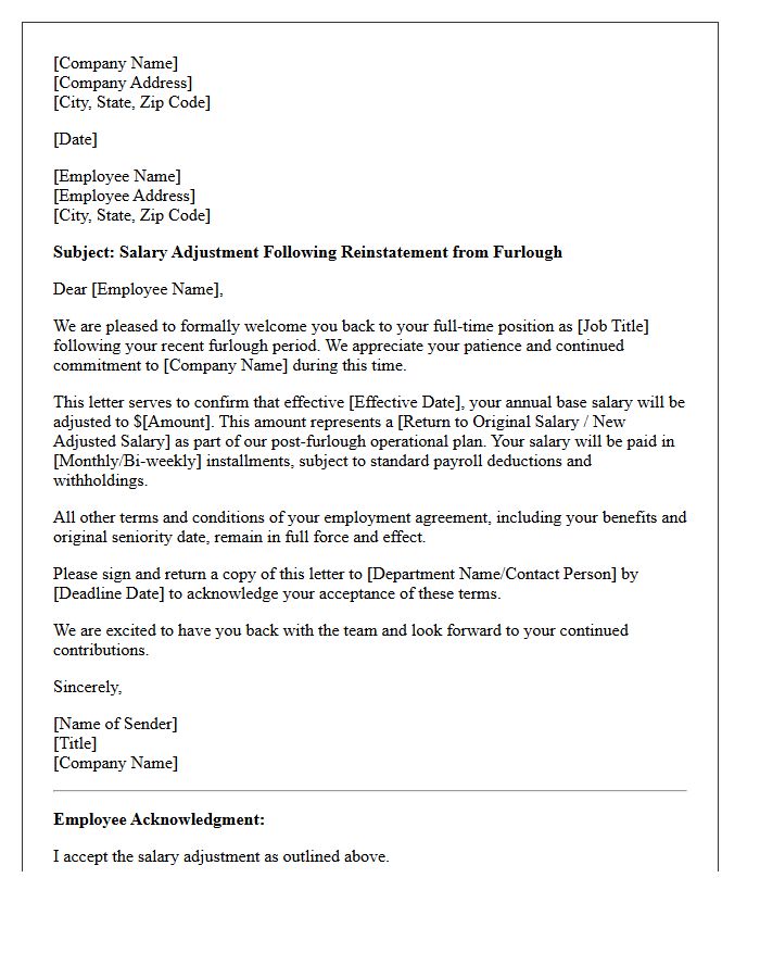 Salaried Employee Post-Furlough Reinstatement Salary Adjustment Letter