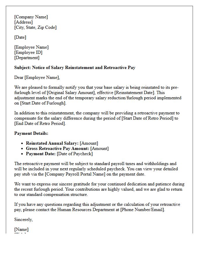 Post-Furlough Reinstatement Salary Adjustment And Retroactive Pay Letter
