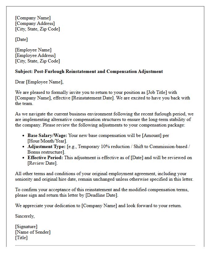 Post-Furlough Reinstatement Alternative Compensation Adjustment Letter
