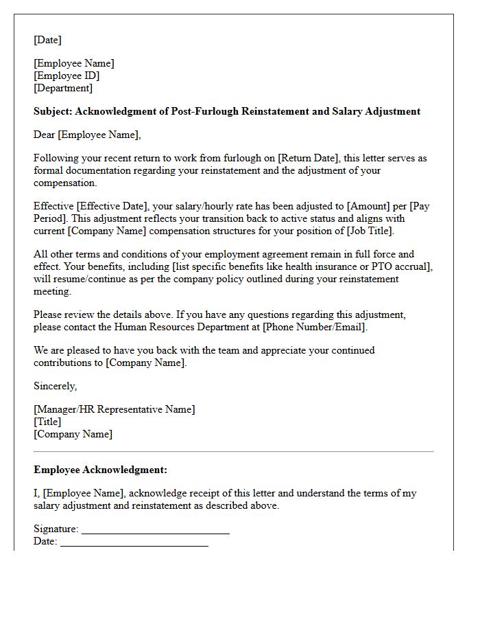 Post-Furlough Reinstatement Salary Adjustment Acknowledgment Letter