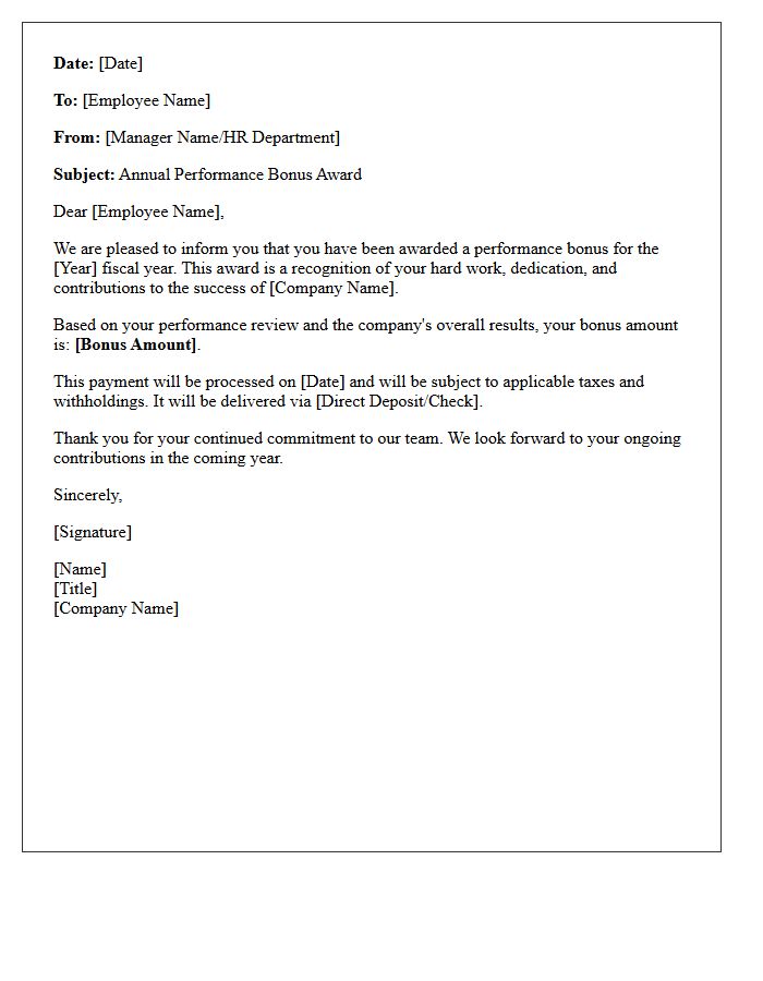 Standard Annual Performance Bonus Award Letter