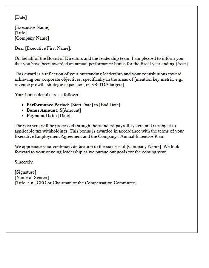Executive Annual Performance Bonus Award Letter