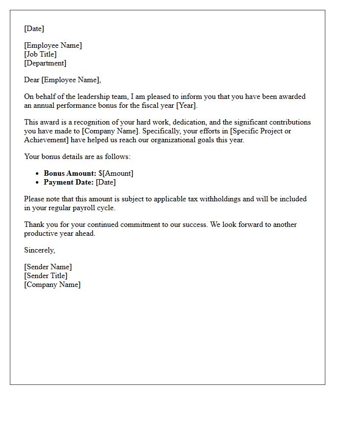 Management Annual Performance Bonus Award Letter