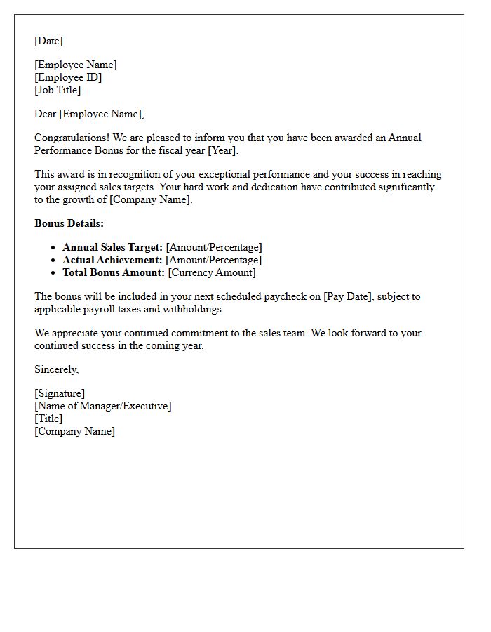 Sales Target Annual Performance Bonus Award Letter