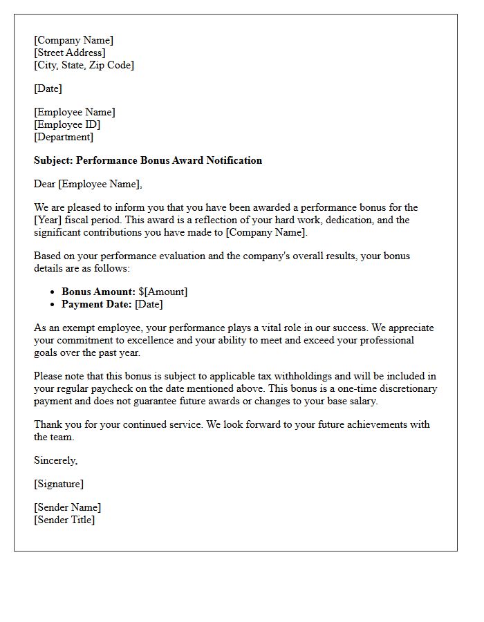 Exempt Employee Annual Performance Bonus Award Letter