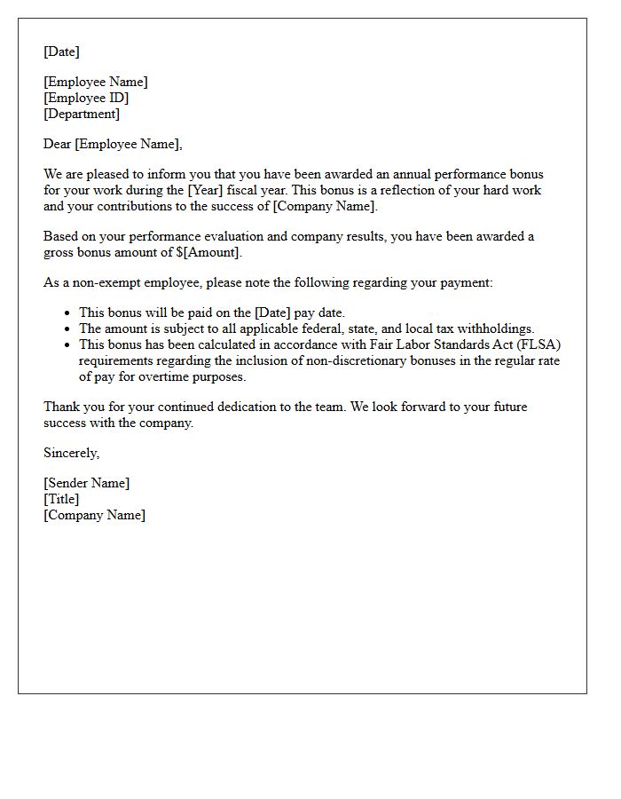Non-Exempt Employee Annual Performance Bonus Award Letter