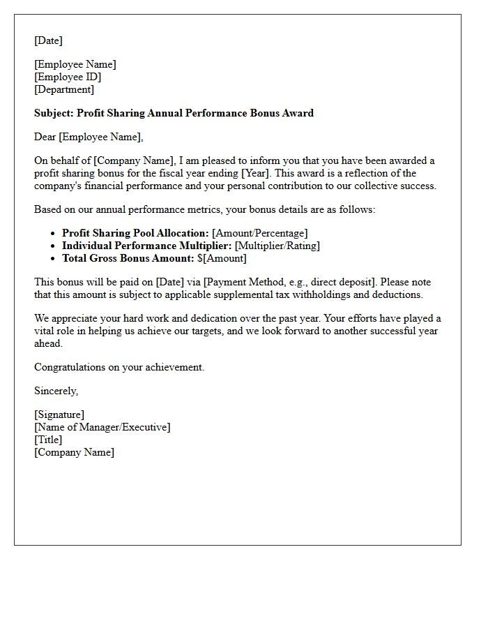 Profit Sharing Annual Performance Bonus Award Letter