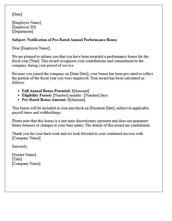 Pro-Rated Annual Performance Bonus Award Letter