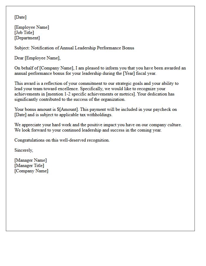 Leadership Annual Performance Bonus Award Letter