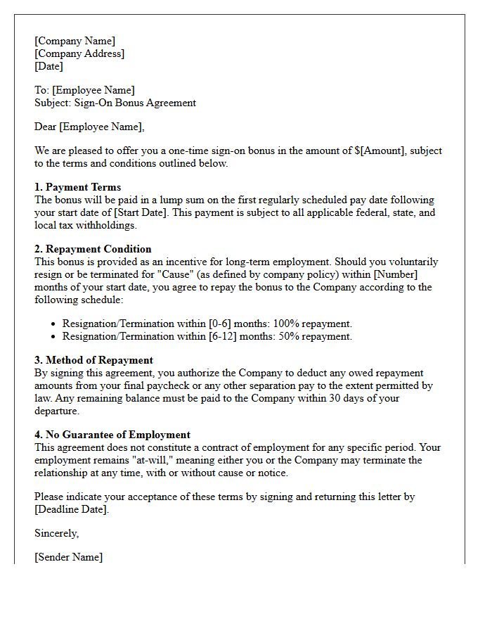 Standard Employee Sign-On Bonus Agreement Letter