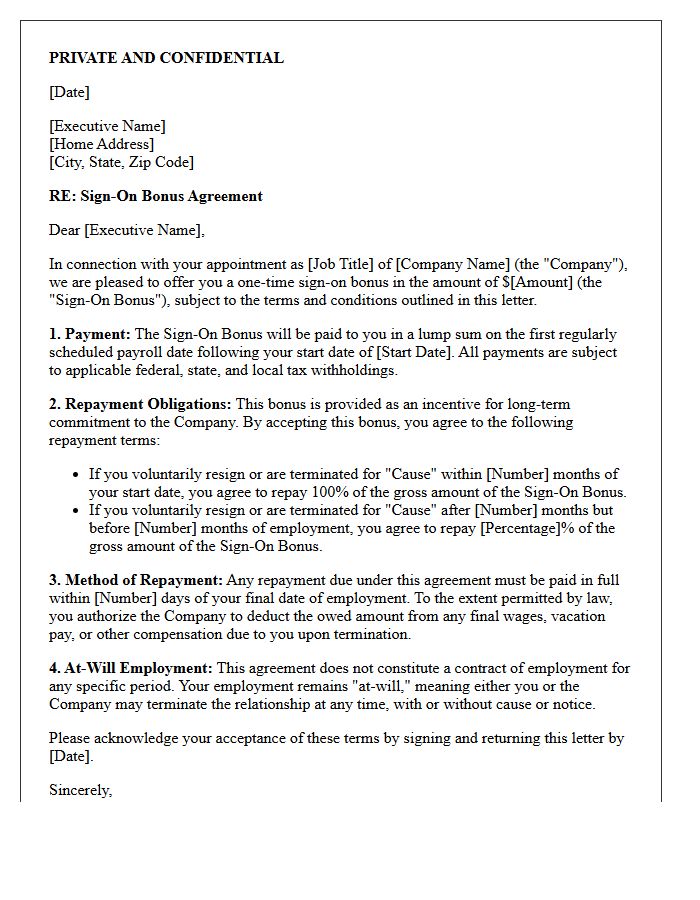 Executive Leadership Sign-On Bonus Agreement Letter