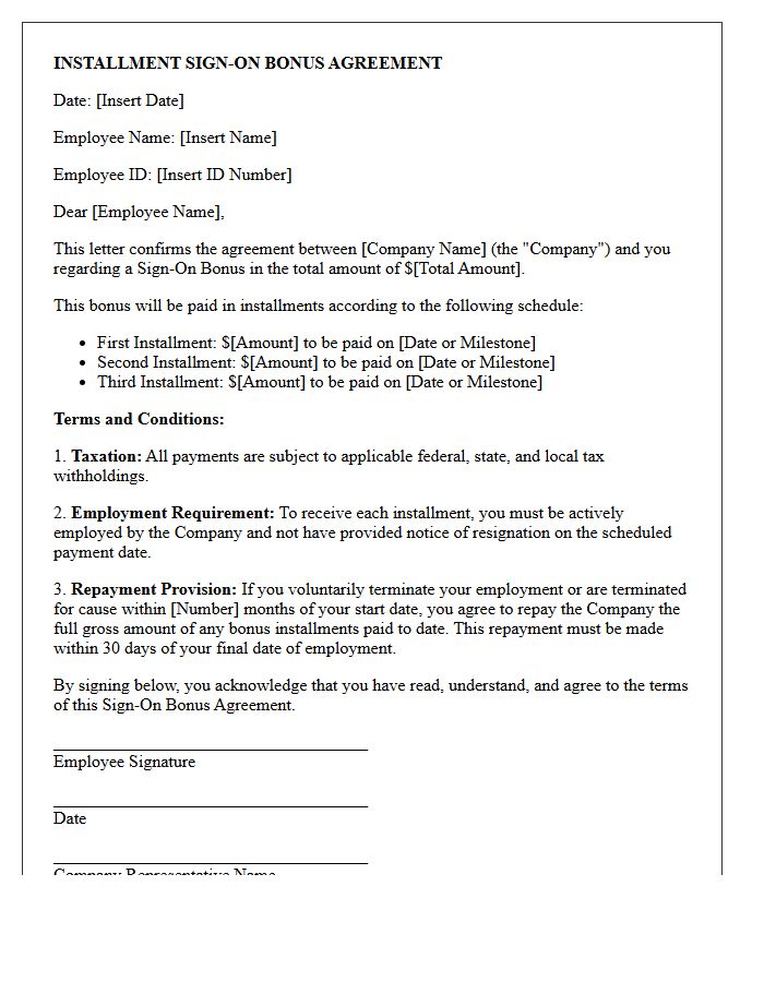 Installment Payment Sign-On Bonus Agreement Letter