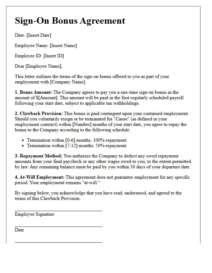 Clawback Provision Sign-On Bonus Agreement Letter