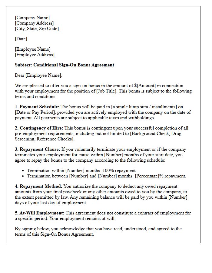 Conditional Hire Sign-On Bonus Agreement Letter